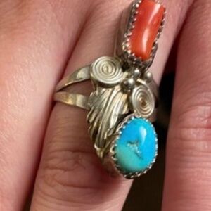 native American Indian Turquoise ring Red and Blue